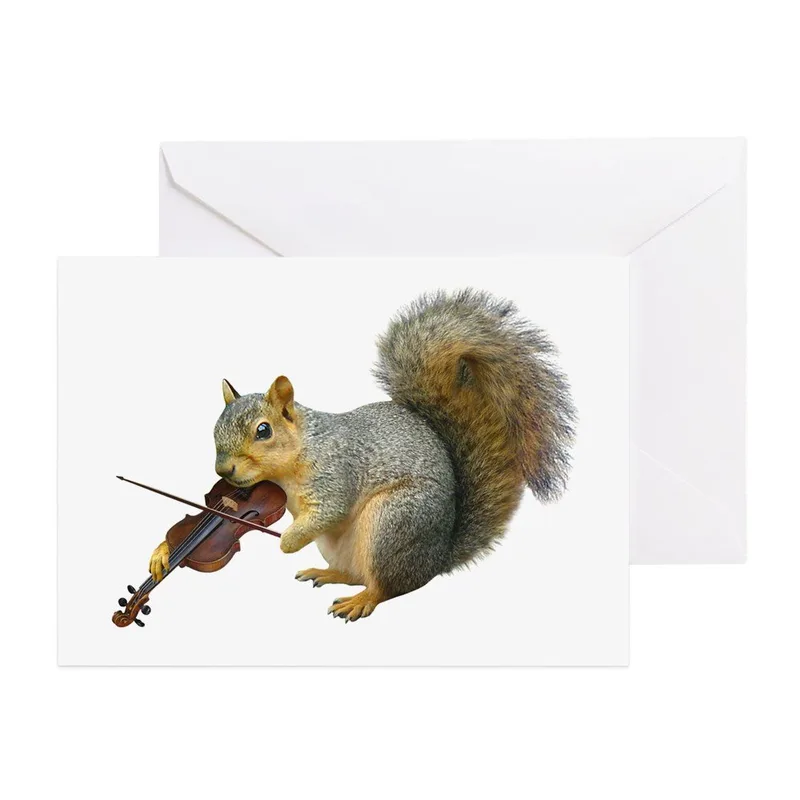 Squirrel Playing Violin Card – Realistic gray squirrel holding a brown violin and bow – Greeting Card in natural