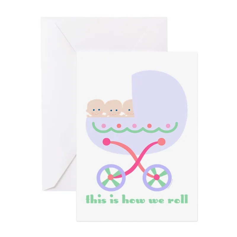Triplets Lavender Stroller New Baby Card – Greeting Card in natural