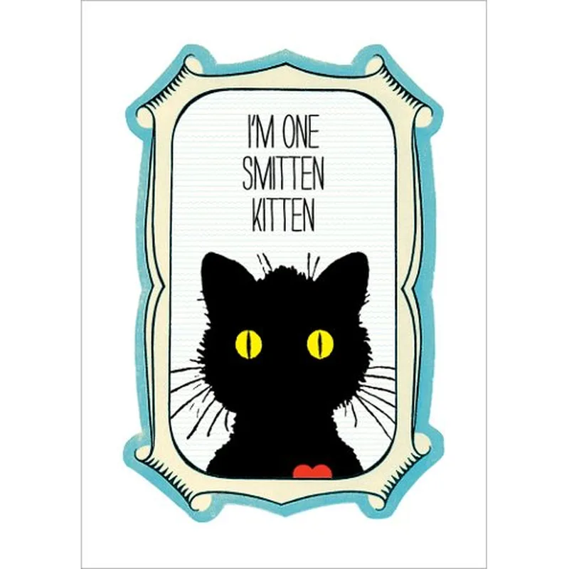 Black Cat Love Card – Black cat portrait in teal frame with text I'm one smitten kitten – Greeting Card in natural