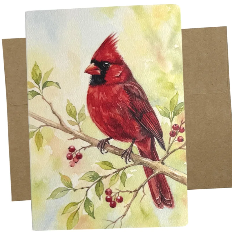 Red Cardinal Watercolor Card: A Vibrant Bird on a Branch