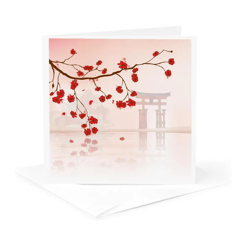 Red Blossoms Torii Gate Card: A Serene Japanese Print