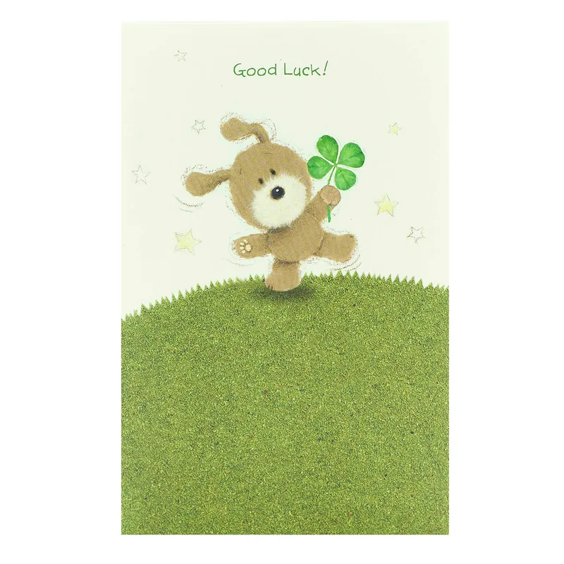 Good Luck Puppy Card with a Lucky Four-Leaf Clover
