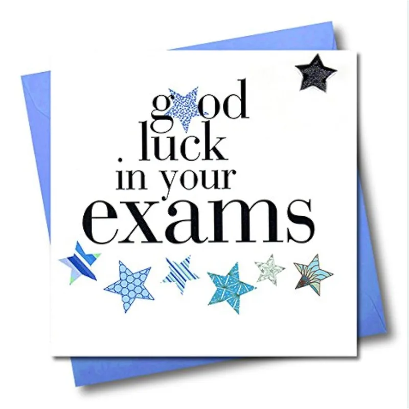Good Luck Exams Card with Blue Stars and Bold Type