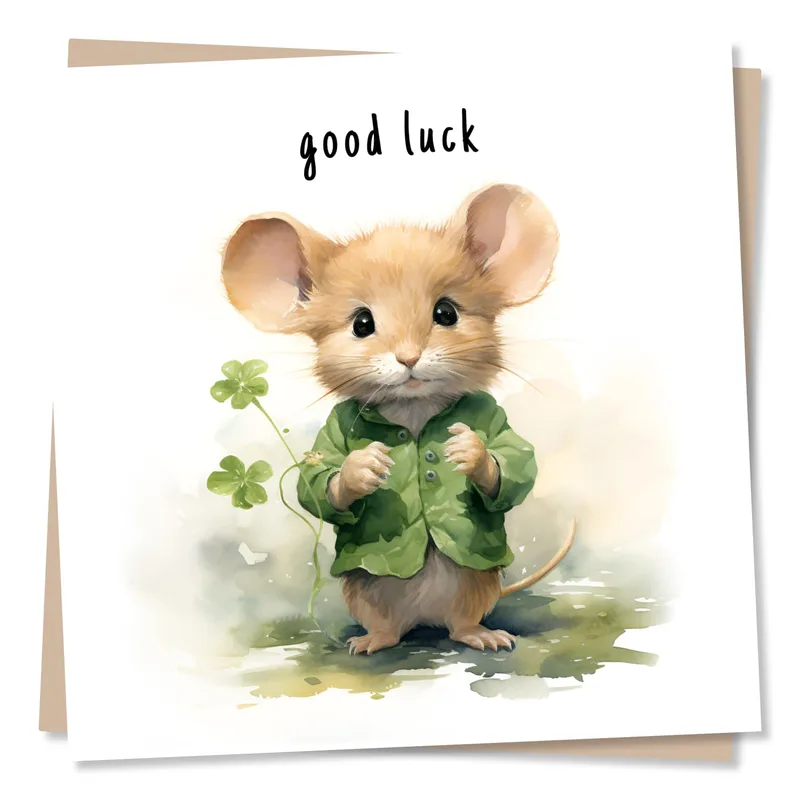 Good Luck Mouse Card with a Four Leaf Clover