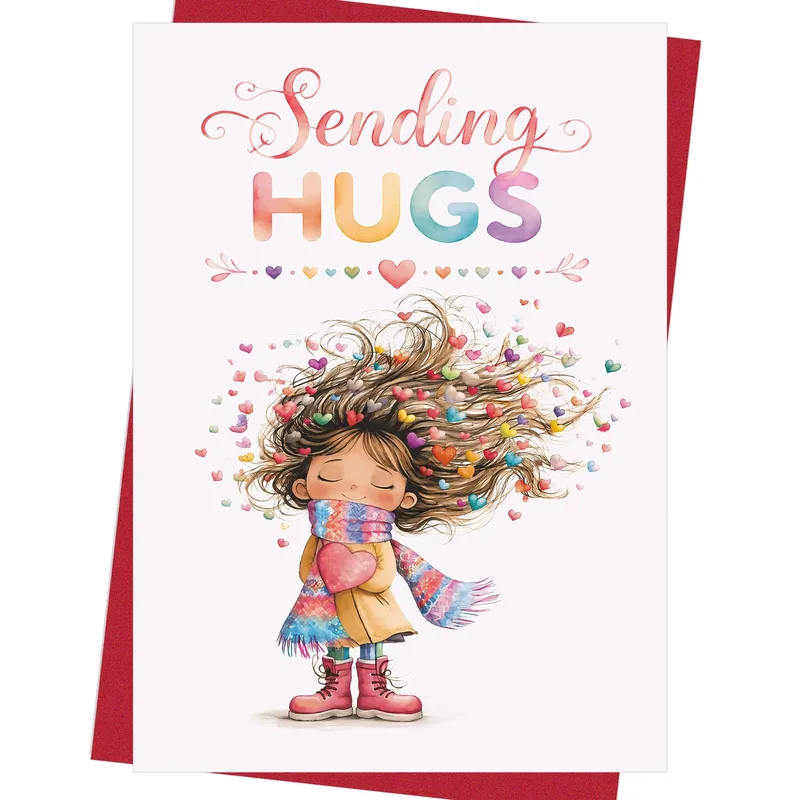 Hugs Thinking of You Card with a Watercolor Girl and Hearts