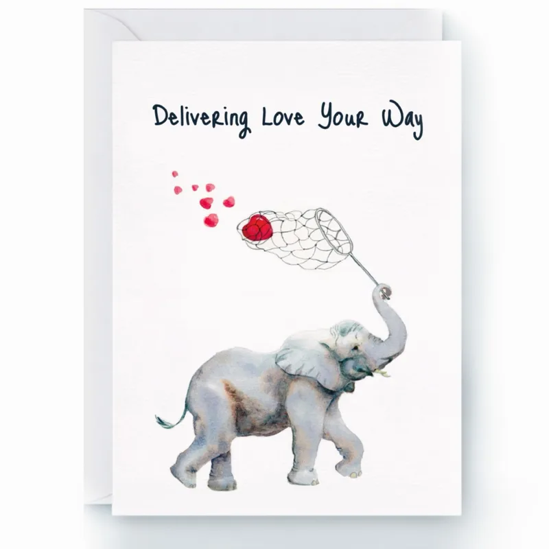 Elephant Love Card – Watercolor elephant with a net catching red hearts, Delivering Love Your Way – Greeting Card in black