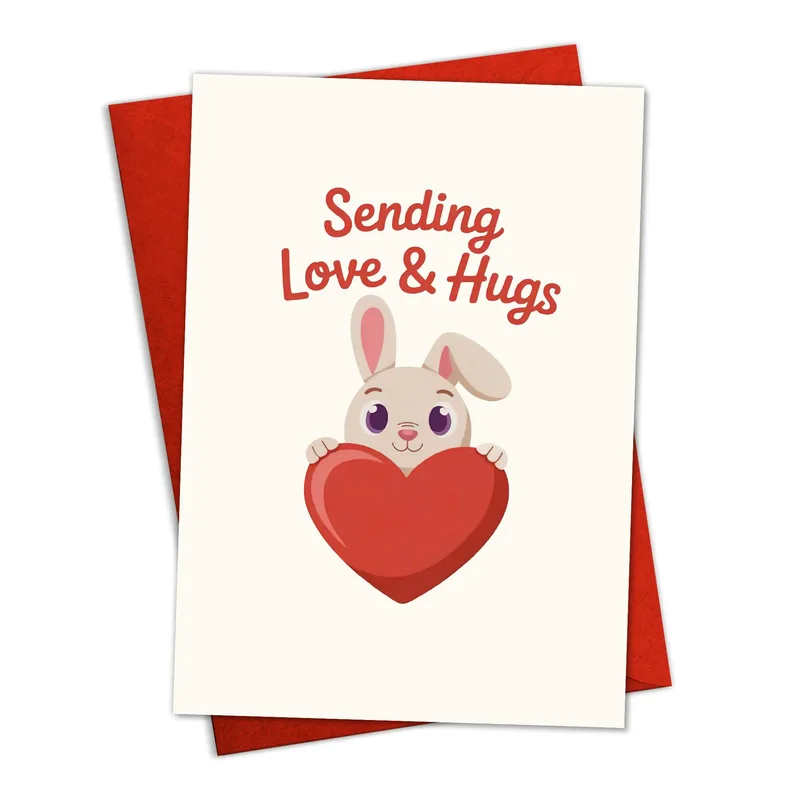 Love and Hugs Card with a Cute Bunny Holding a Heart