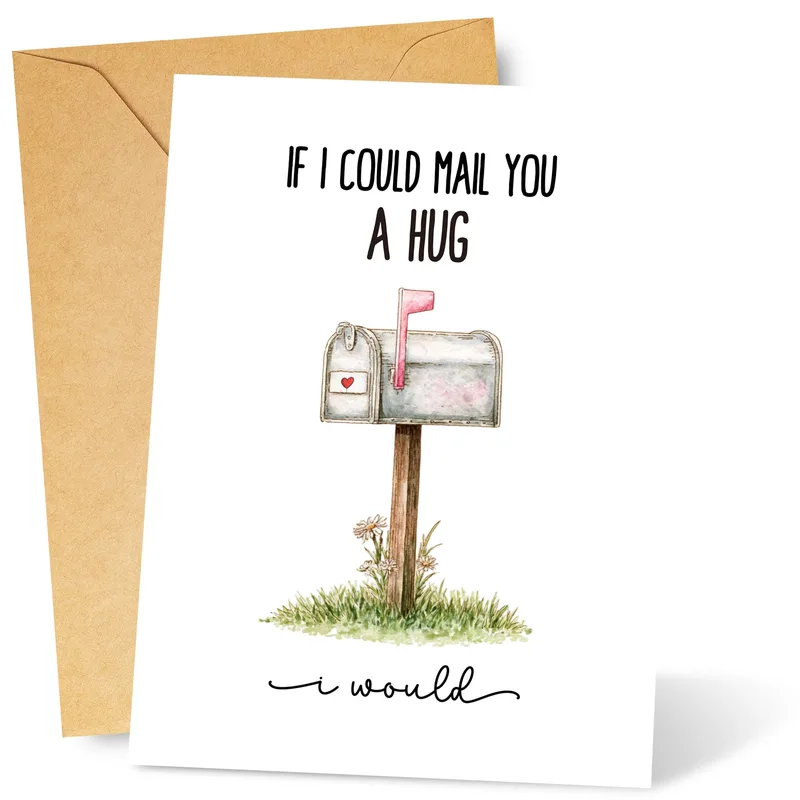Mail Hug Card: A Watercolor Mailbox With a Pink Flag