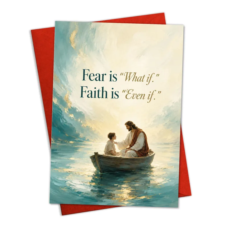 Fear Versus Faith Card – Fear is “What if.” Faith is “Even if.” over a watercolor boat – Greeting Card in black