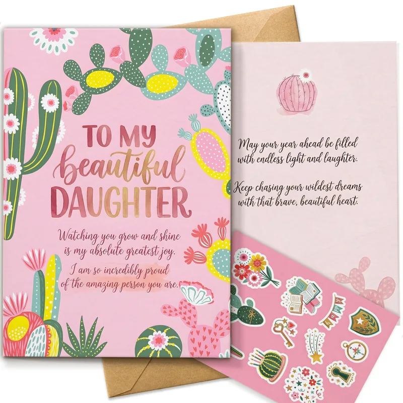 Daughter Encouragement Card with Pink Cacti and Heartfelt Words
