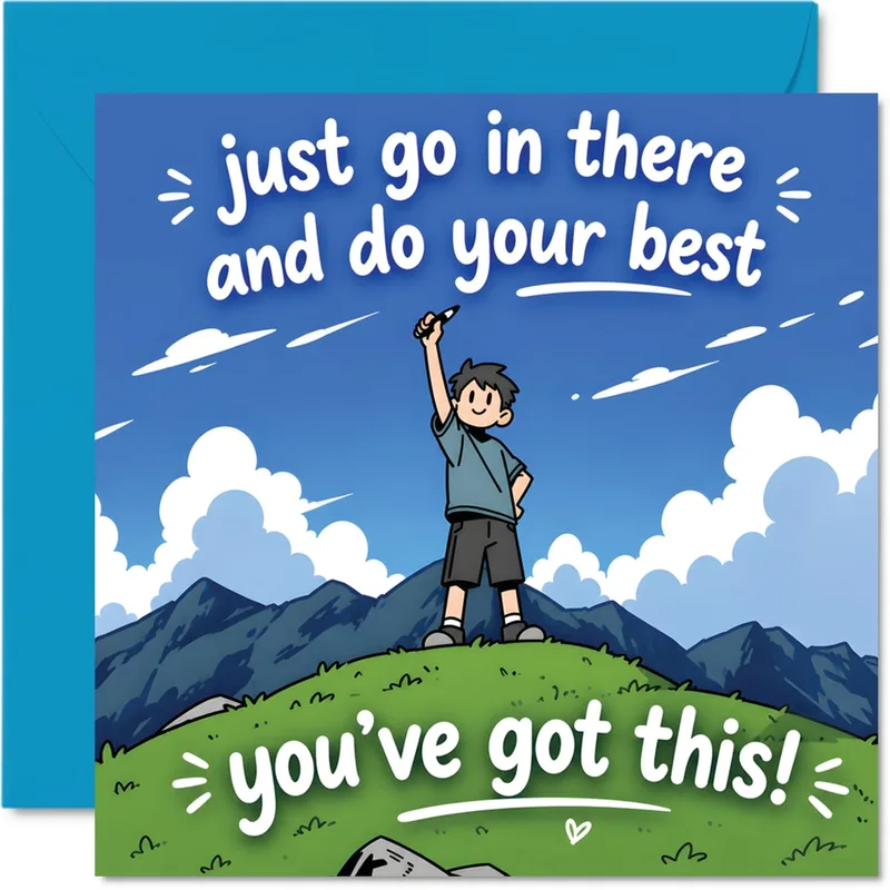 Cartoon Boy on Mountain Card: Go Get It Encouragement