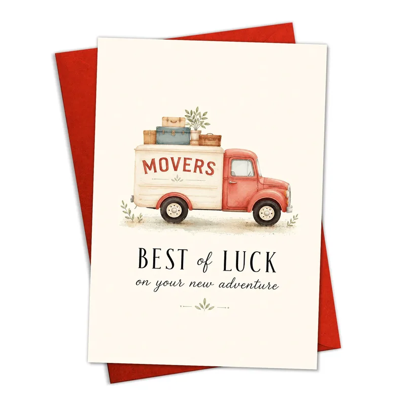 New Home Move Card: Red Truck and Good Luck Wishes