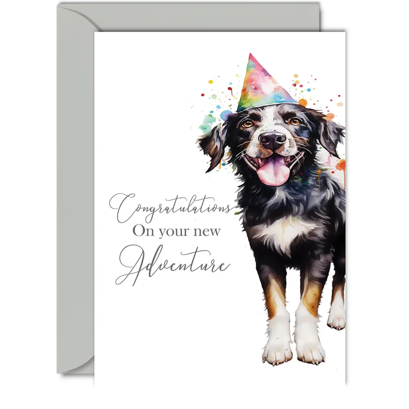 New Adventure Congratulations Card for a Party Dog New Beginning