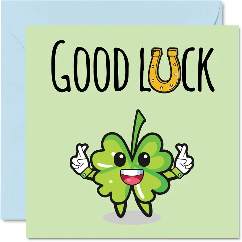 Clover Mascot Good Luck Card with Horseshoe and Clover Character