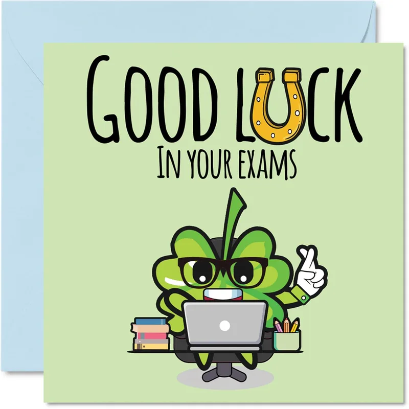 Clover Mascot Studying Good Luck Card for Exam Success