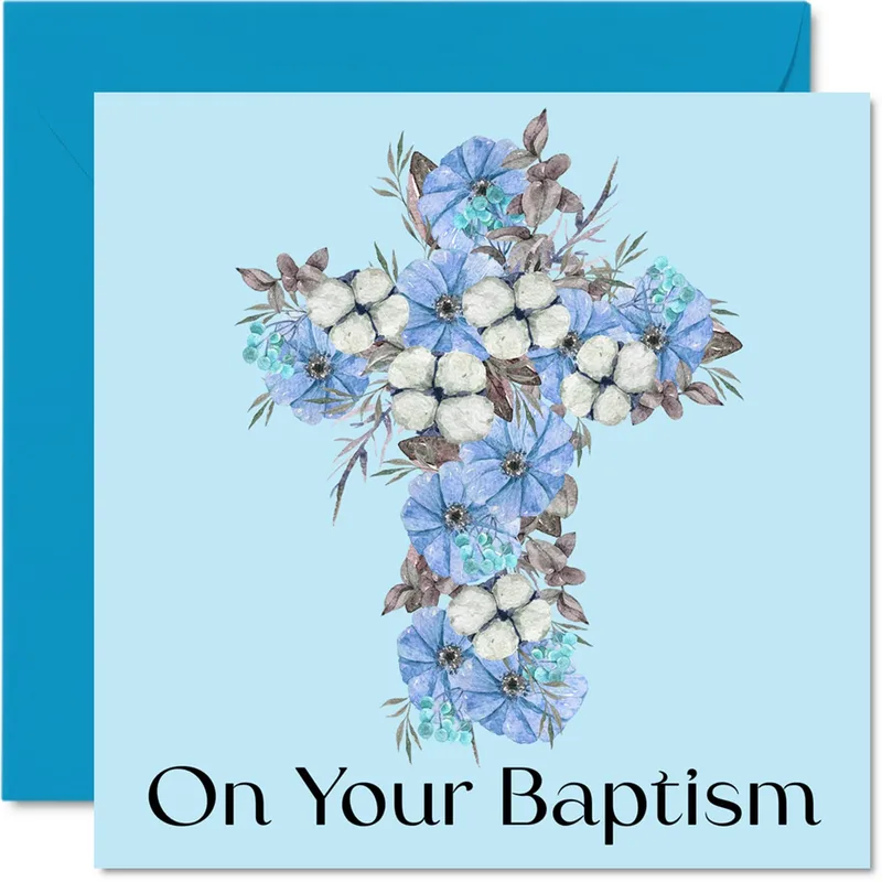 Blue Floral Cross Card Celebrating a Boy's Baptism with Blue Flowers