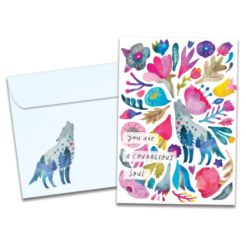 Wolf Floral Encouragement Card: A Watercolor Wolf and Bold Flowers