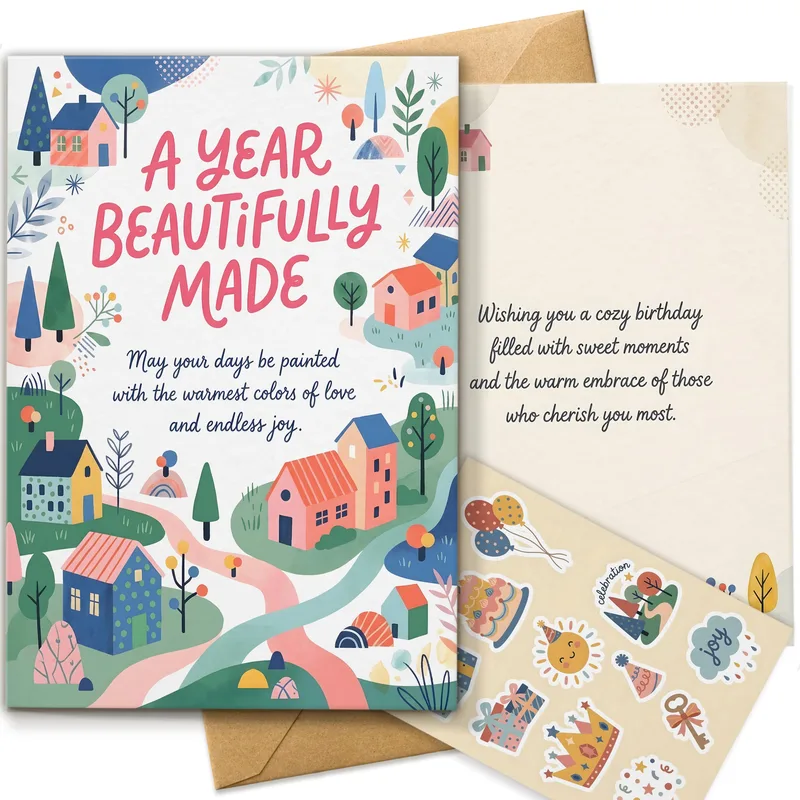 Colorful Village Illustration Card featuring A YEAR BEAUTIFULLY MADE