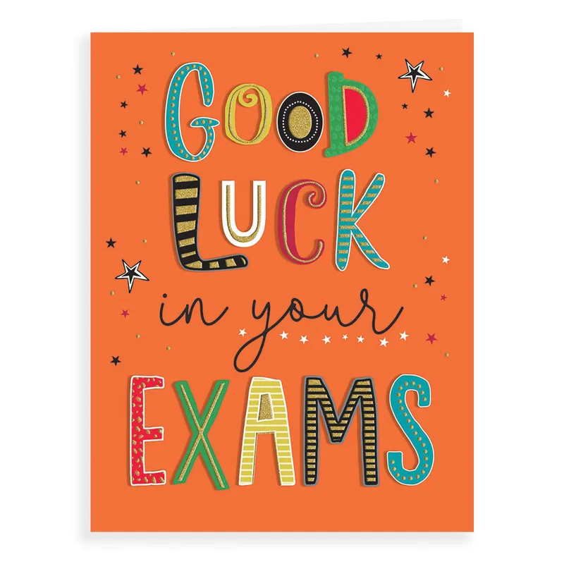 Orange Colorful Letters Good Luck Card for Exam Success
