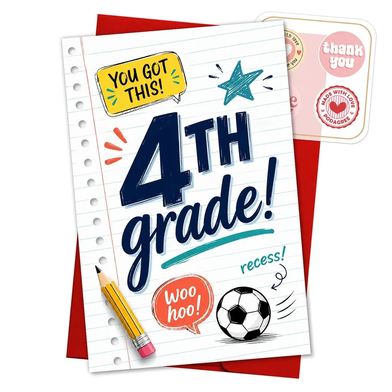 Notebook Soccer Ball Card Celebrates 4th Grade with Encouragement