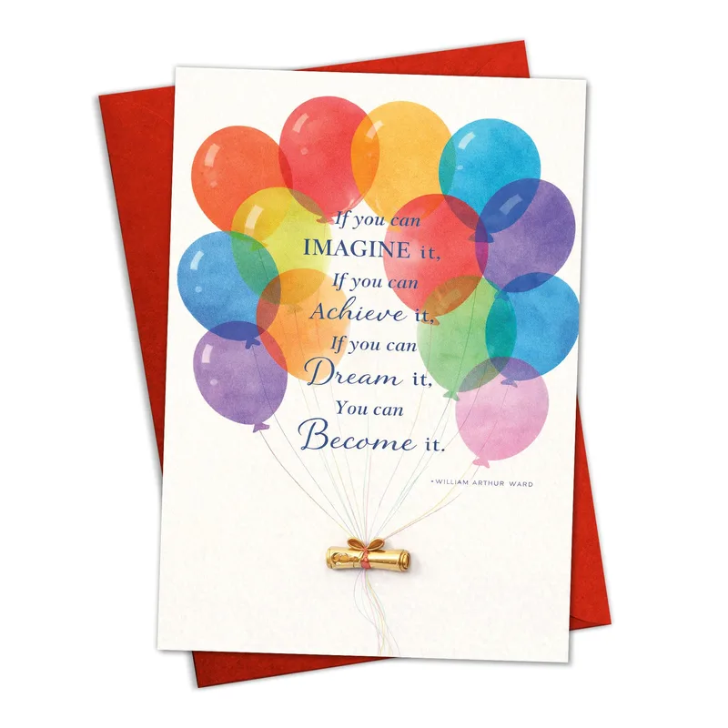Balloons Gold Ribbon Encouragement Card for Graduates and Dreamers