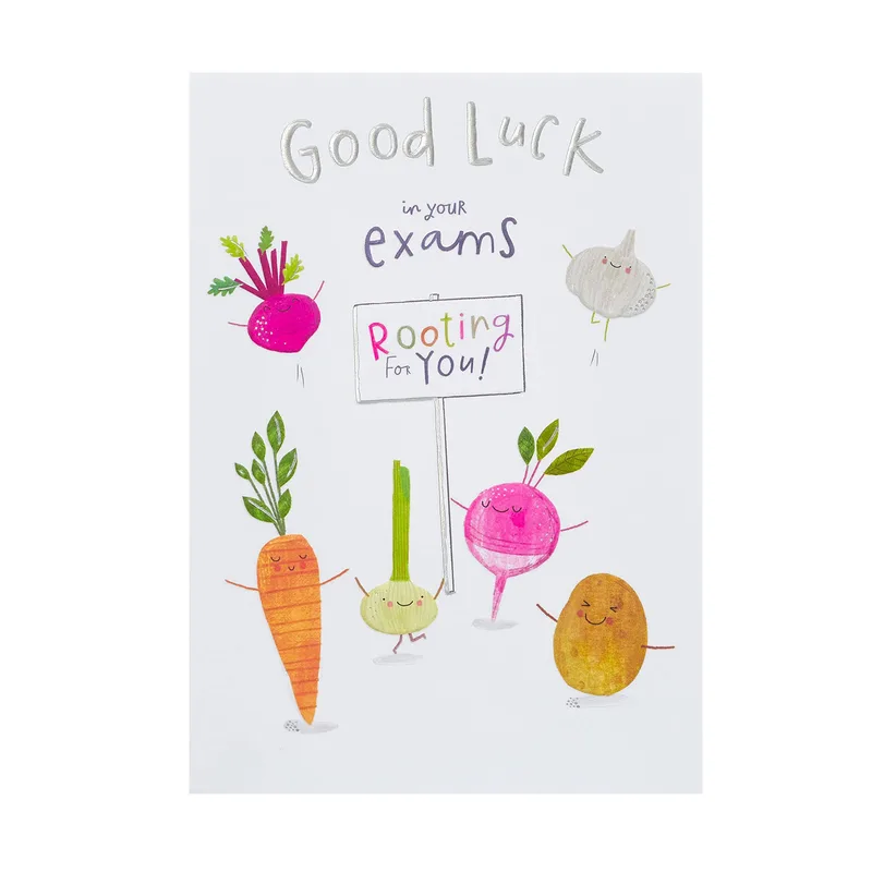 Vegetable Characters Good Luck Card for Exam Success