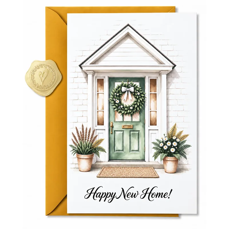 Happy New Home Card with a Green Door and Wreath