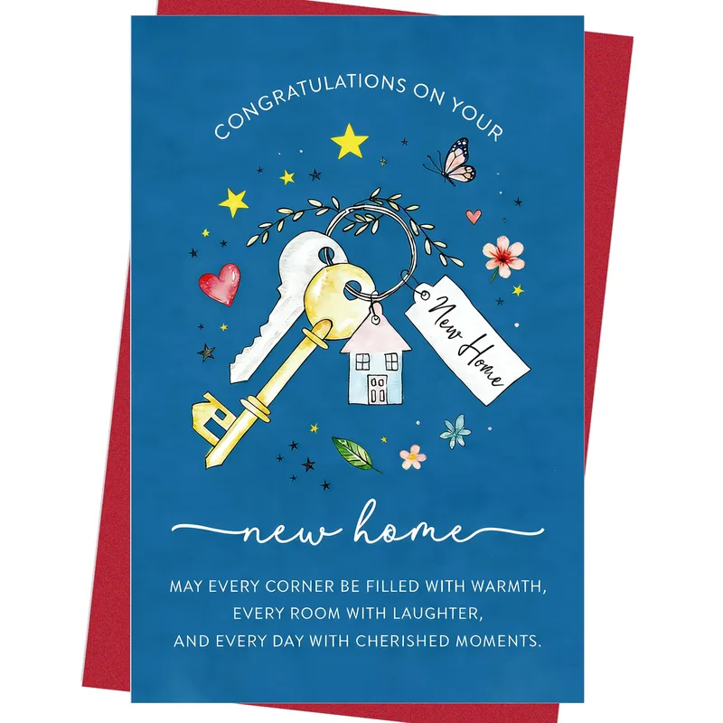 New Home Congratulations Card with Blue Keys Artwork
