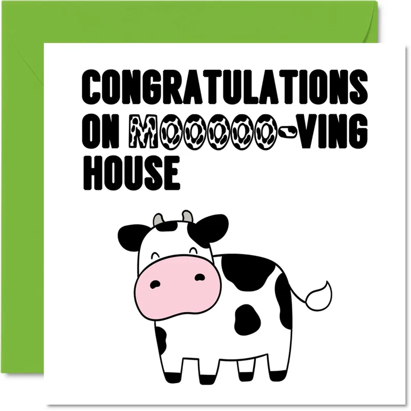 Moving House Congratulations Card with a Cartoon Cow