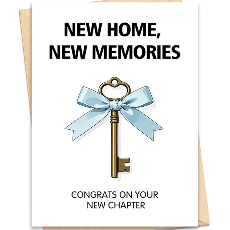 New Home New memories Card – Gold key with blue bow, NEW HOME, NEW MEMORIES card – Greeting Card in black