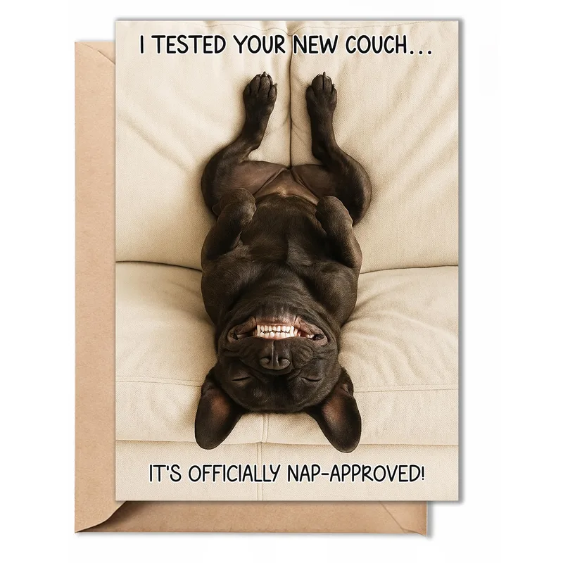 Dog Napping on Couch Card for a New Home