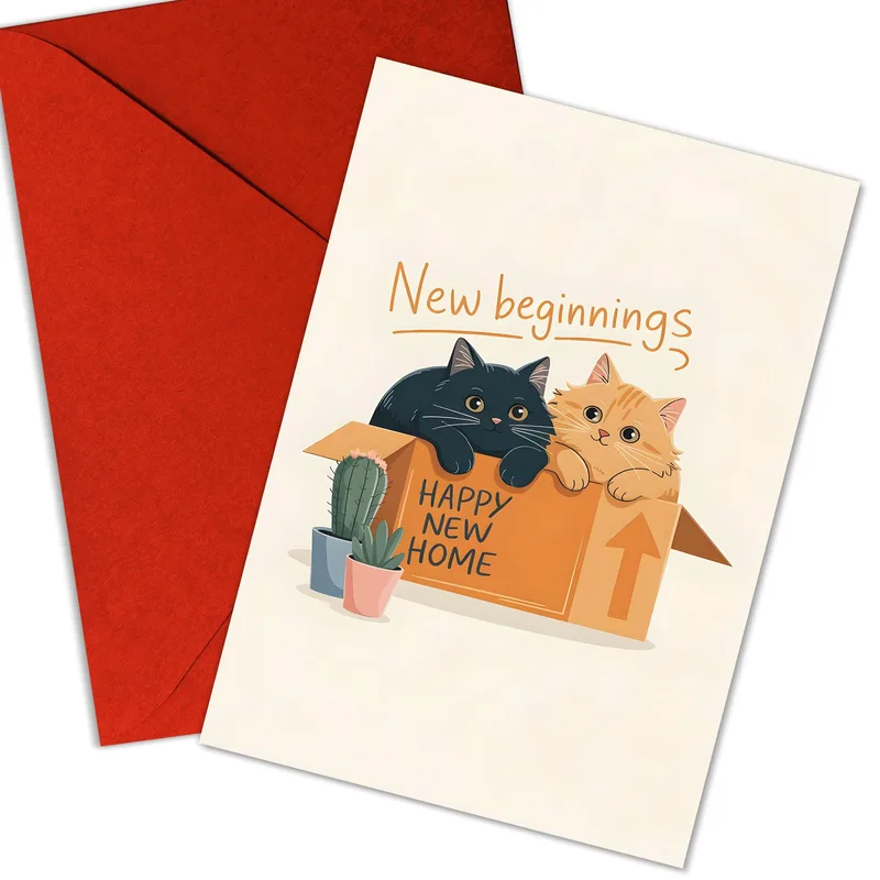 Housewarming Cats Card: Two Kittens in a Moving Box