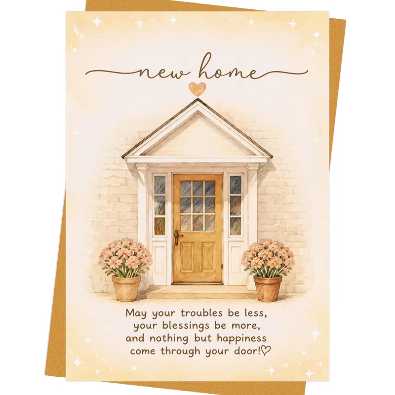 New Home Blessings Card – Watercolor porch with golden door and text: May your troubles be less – Greeting Card in black