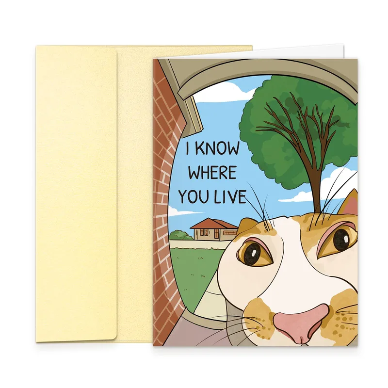 Cat Lover Housewarming Card: Peeking Cat, Bold Joke