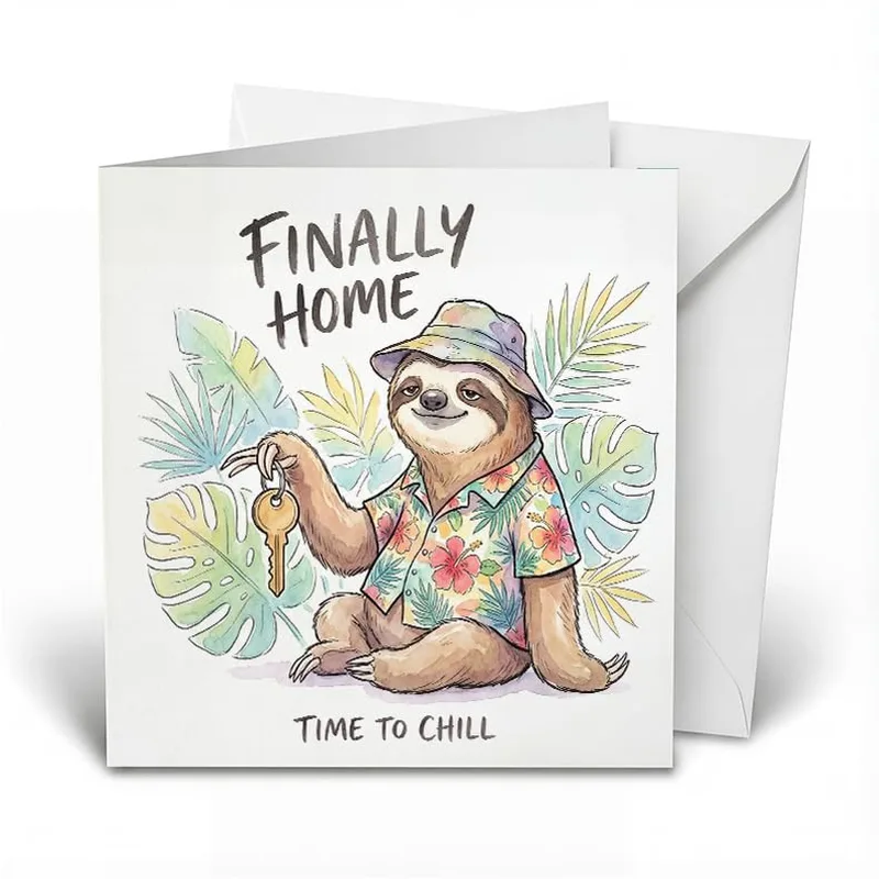 New Home Sloth Card With a Relaxed Watercolor Sloth