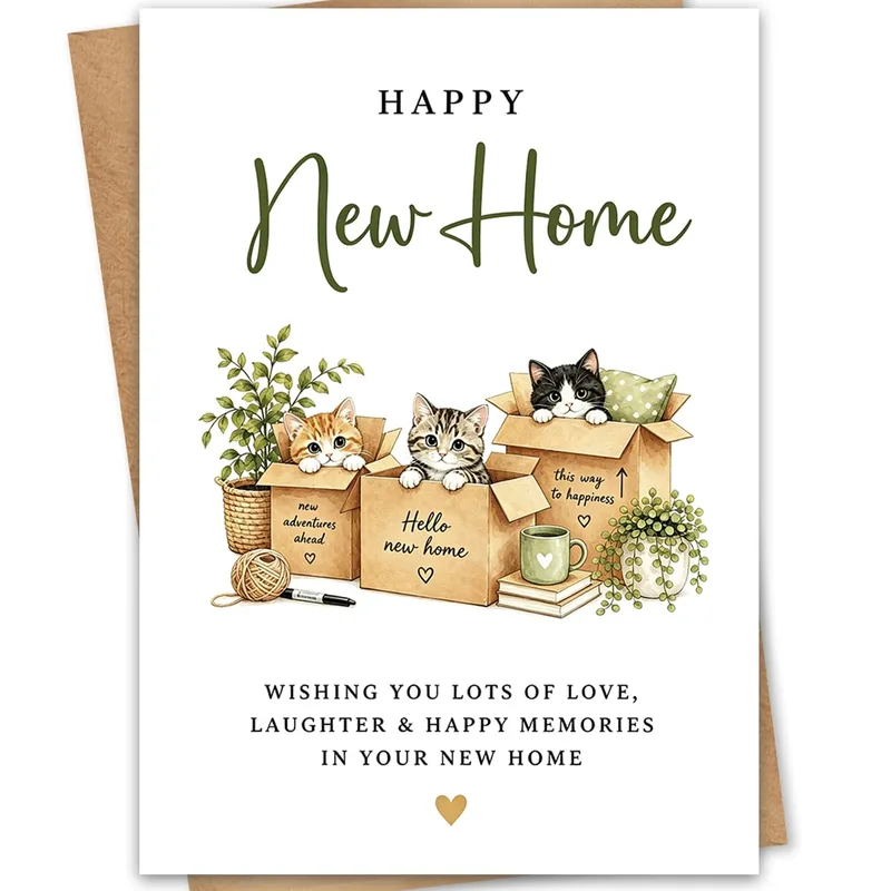 New Home Kittens Card: Cats Peeking From Moving Boxes