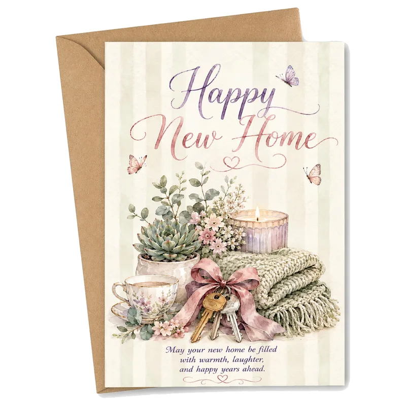 Watercolor Keys and Flowers Card for a New Home