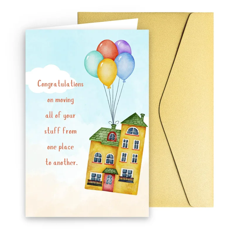 Moving Day Card: Balloons Lifting a Yellow House