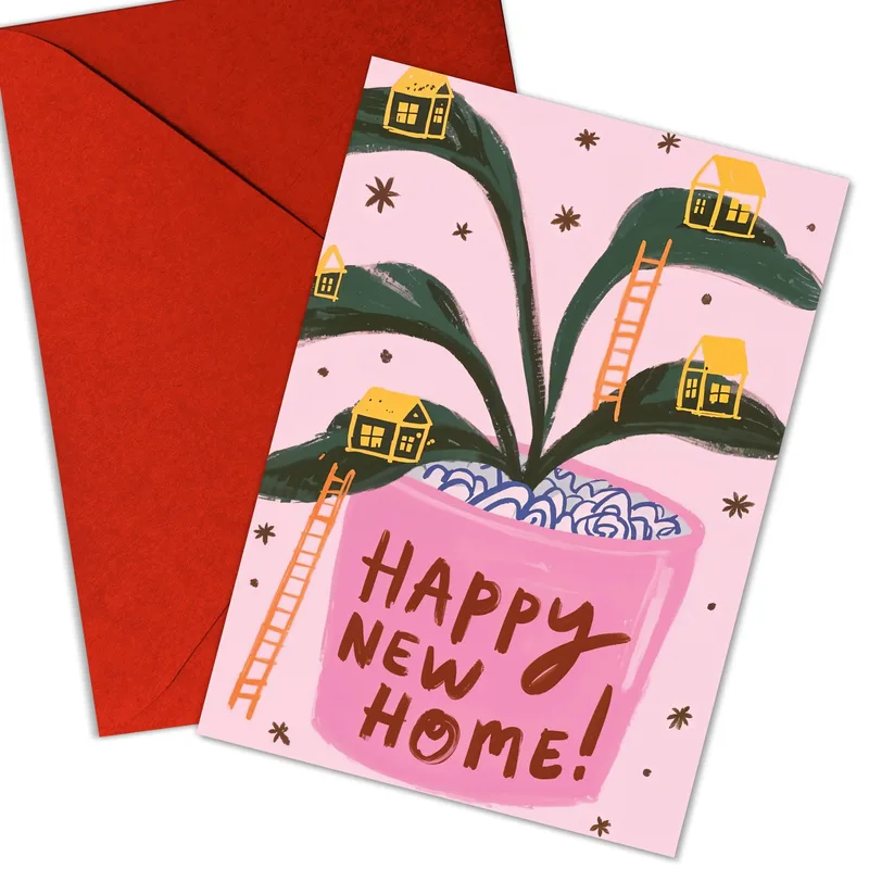 Pink Illustrated Plant Houses Card for New Homes