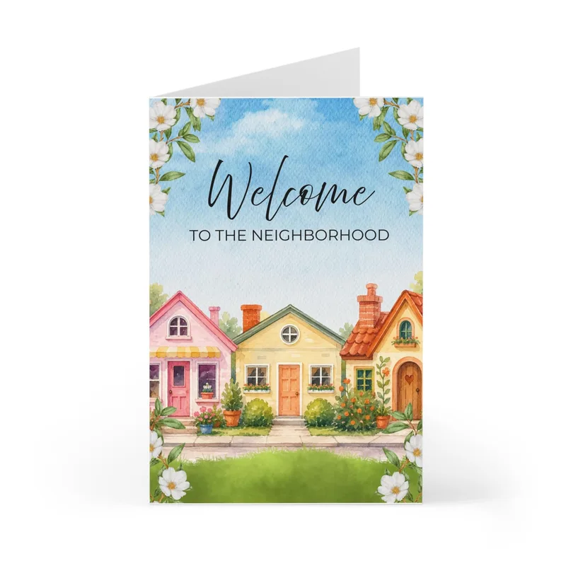New Neighbor Welcome Card: Watercolor Cottages Design