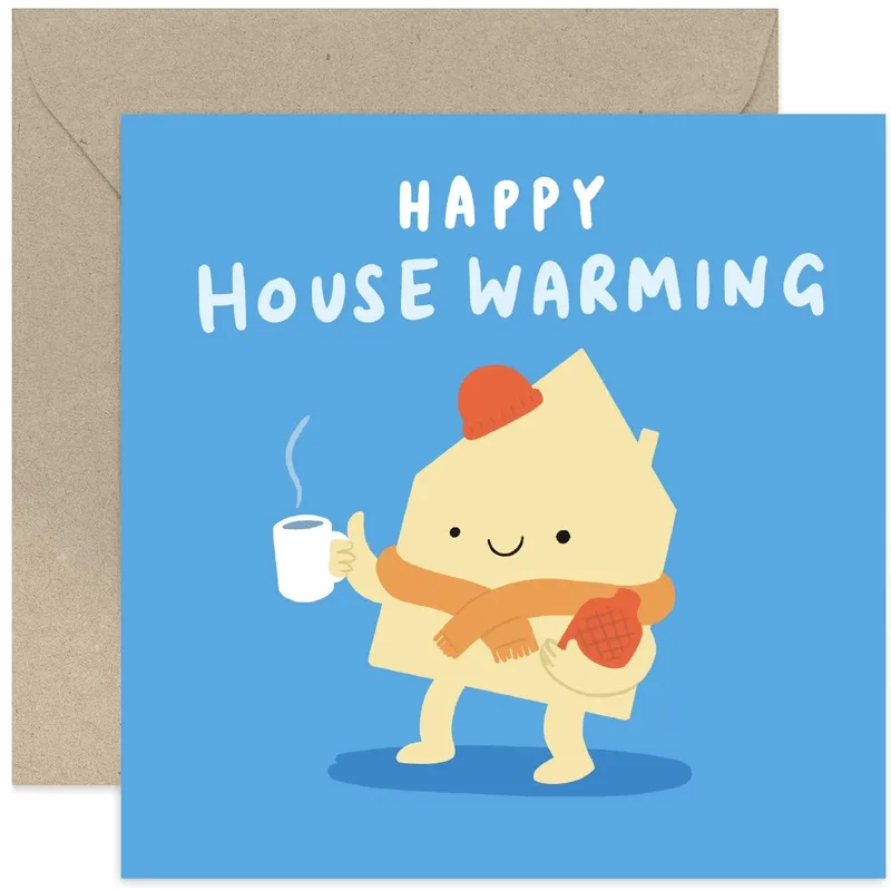 Happy House Warming Card with a Cozy Cartoon House Mug
