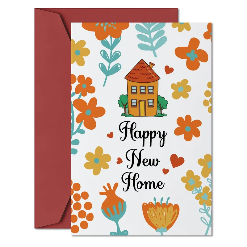 Orange Floral House Illustration Card for a New Home