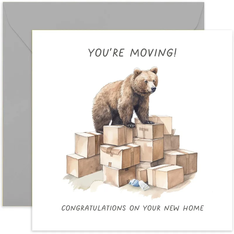 Bear Moving Card – Watercolor brown bear on stacked moving boxes with YOU'RE MOVING! text – Greeting Card in black