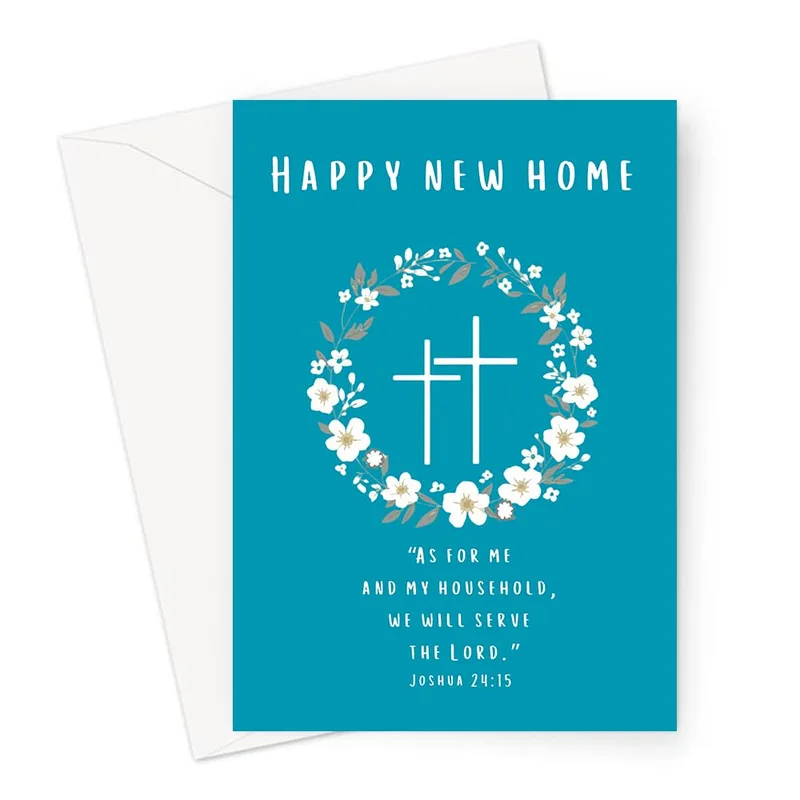 New Home Christian Card with Floral Wreath and Bible Verse