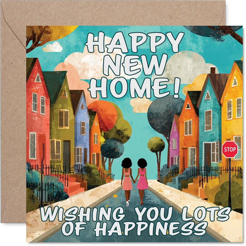 Colorful Townhouse Street Scene Card for New Home Celebrations