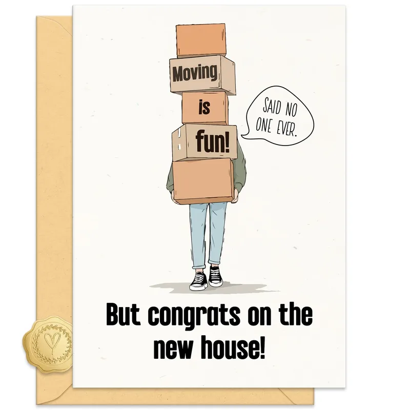 Person Carrying Boxes New Home Card for Moving Friends