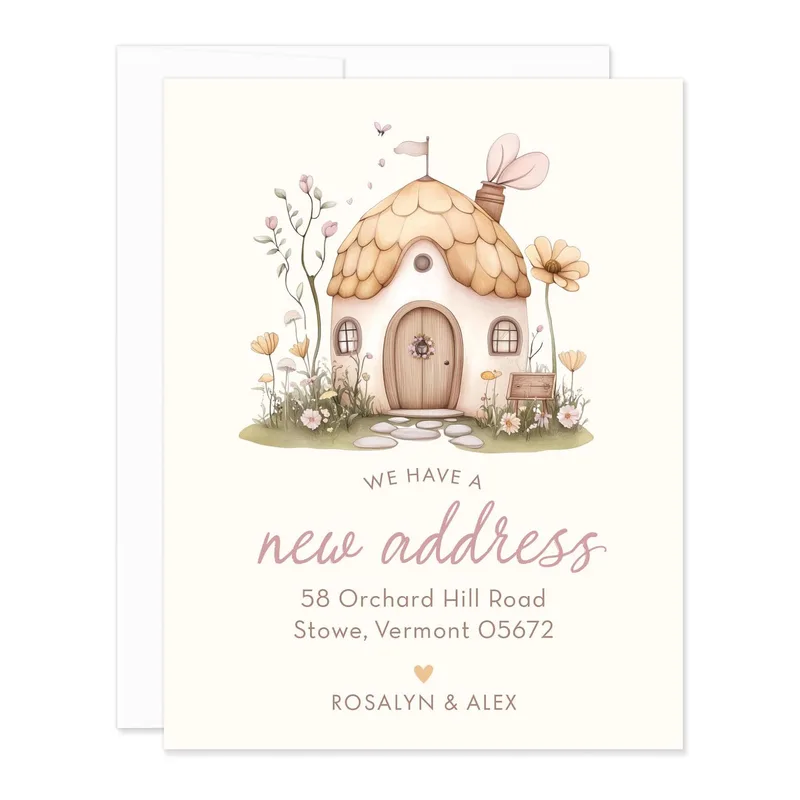Mushroom House Pink New Home Card: Cottage Moving Announcement