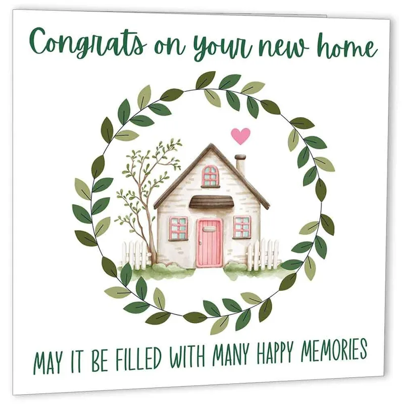 Green Wreath Cottage New Home Card Celebrating a Fresh Start