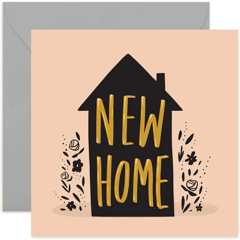 Gold Lettering Peach New Home Card features a bold black