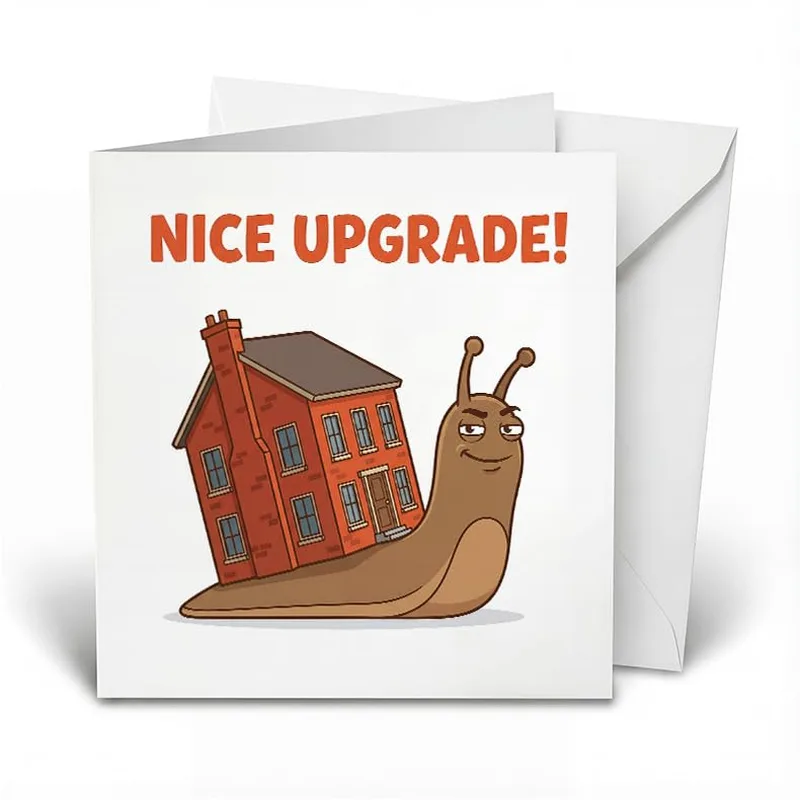 Carrying Brick House New Home Card: Snail with Nice Upgrade